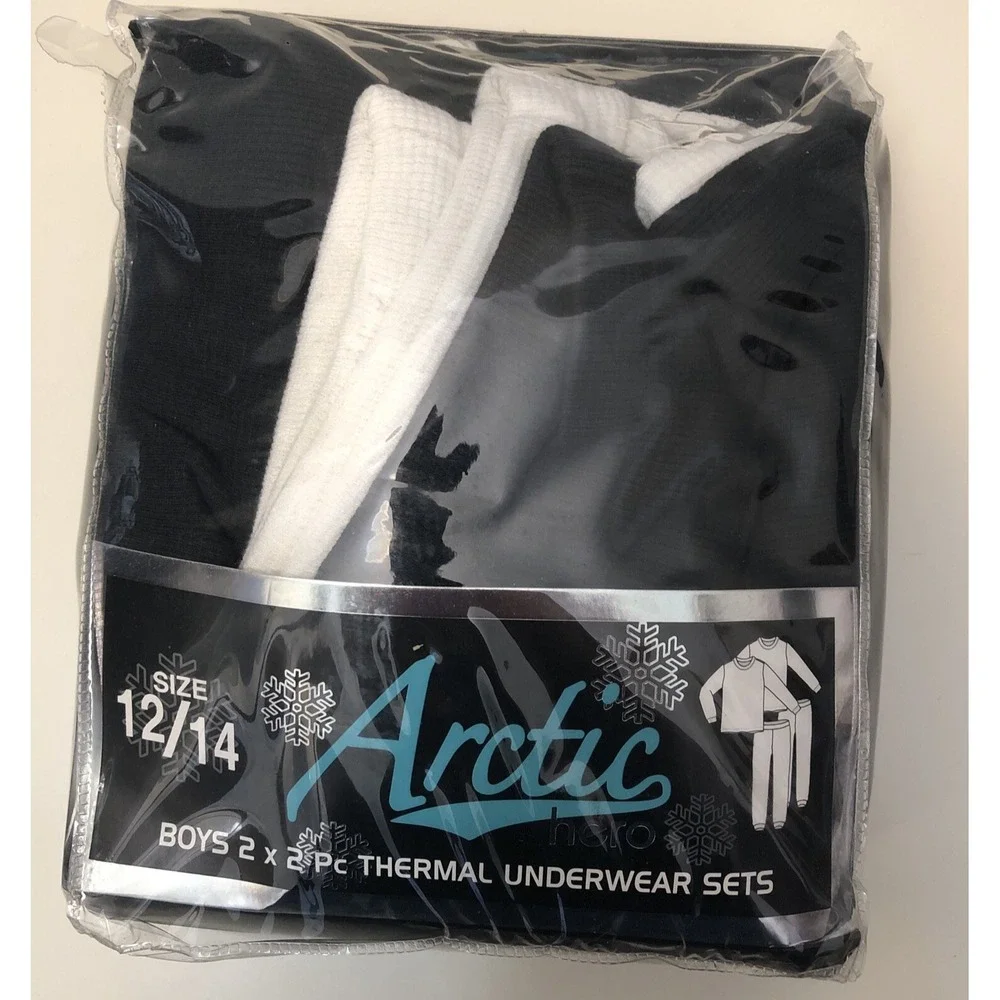 Arctic Hero Thermal Underwear Boys Size 12/14 White Black 2 Pack Set Waffle Knit